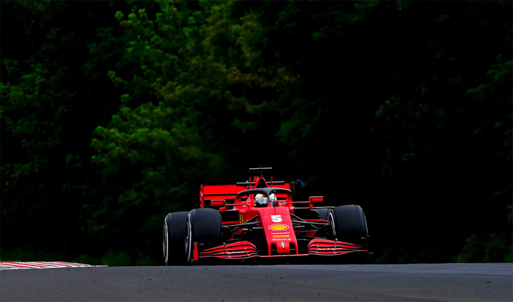 Vettel e sua Ferrari no GP da Hungria de F1 de 2020