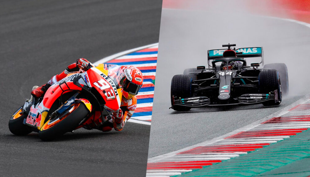 Marc Marquez correndo na MotoGP e Lewis Hamilton na F1