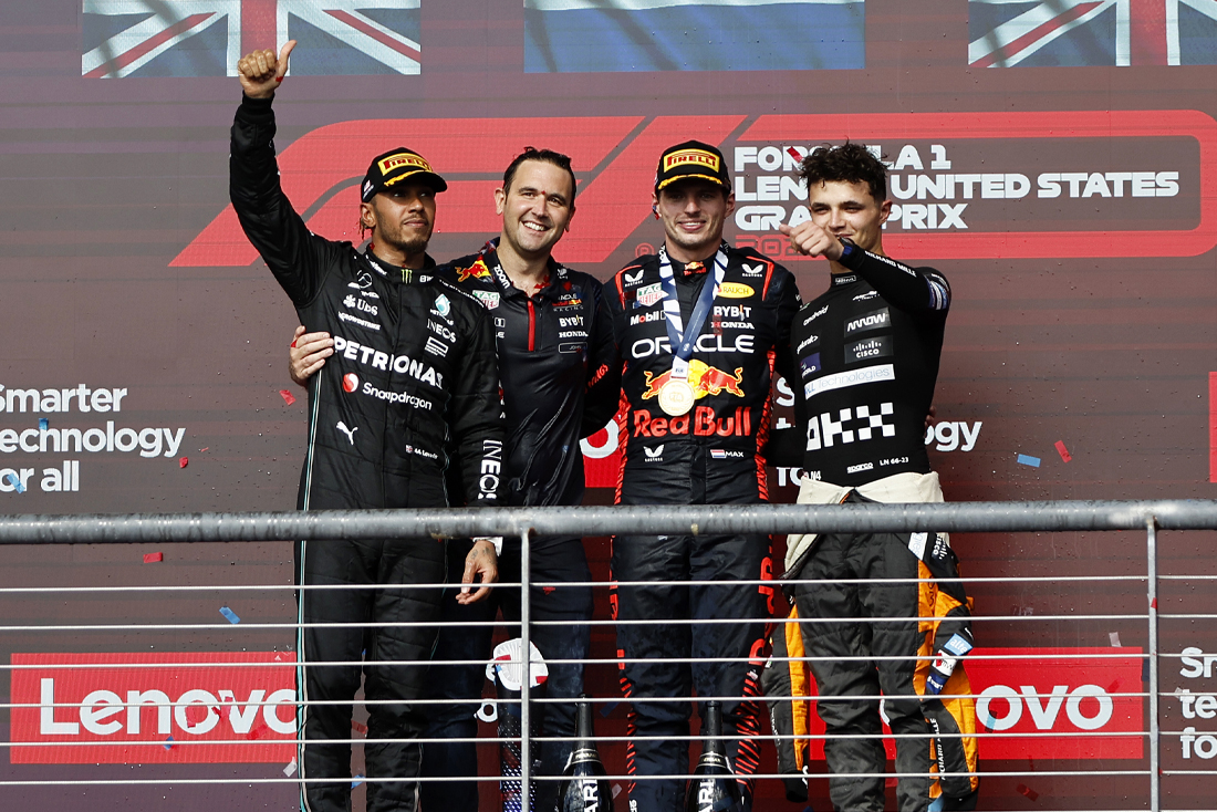 Verstappen, Hamilton e Norris no pódio do GP dos Estados Unidos de F1 2023